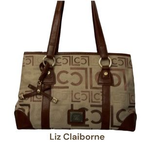 LIZ CLAIBORNE Shoulder/Tote Two Handle Bag Leather Signature Tan Brown L…